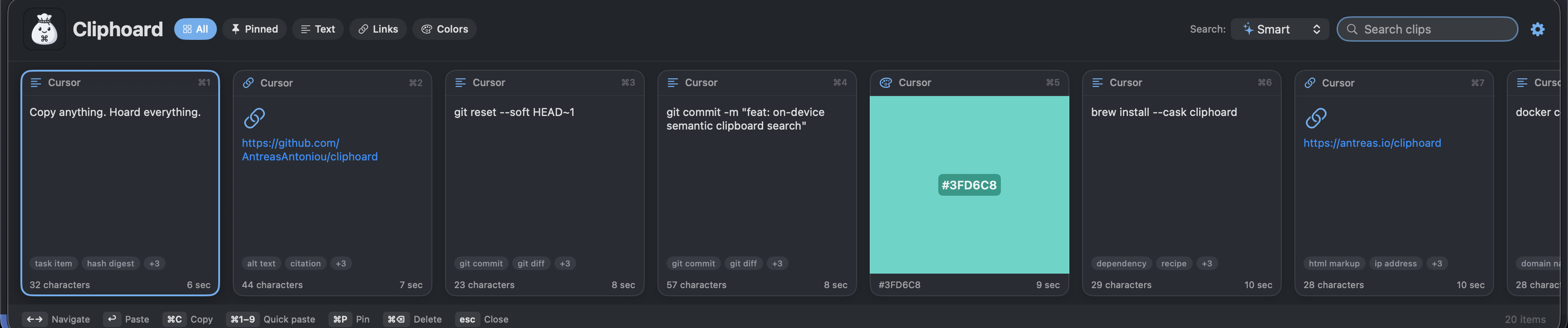 The Cliphoard bar across the bottom of the screen, showing recent clips as a row of cards with tags and timestamps